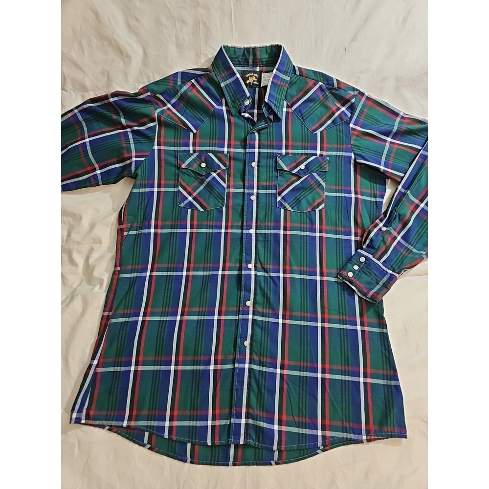 Vtg Key Saddle King Western Long Sleeve Pearl Snap Shirt Blue Green Plaid‎ XL T